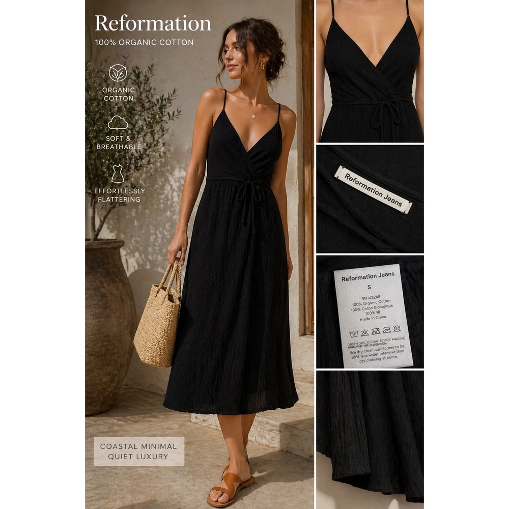 Reformation Black Wrap Midi Dress Slip Minimal Small whilmsygoth capsule luxury